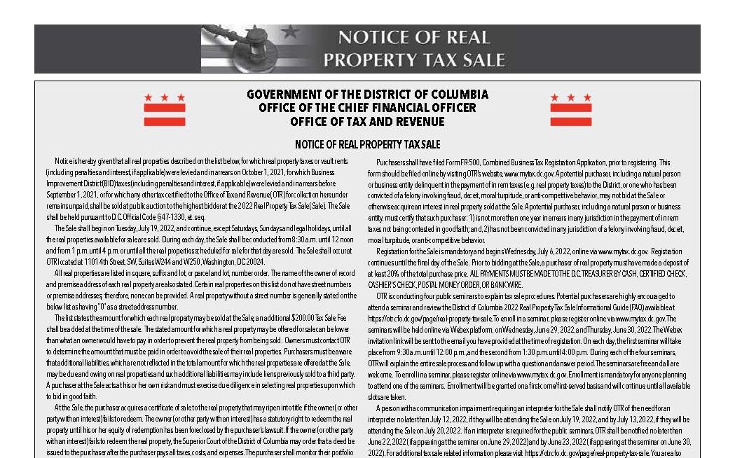 2022 Real Property Tax Sale The Washington Informer